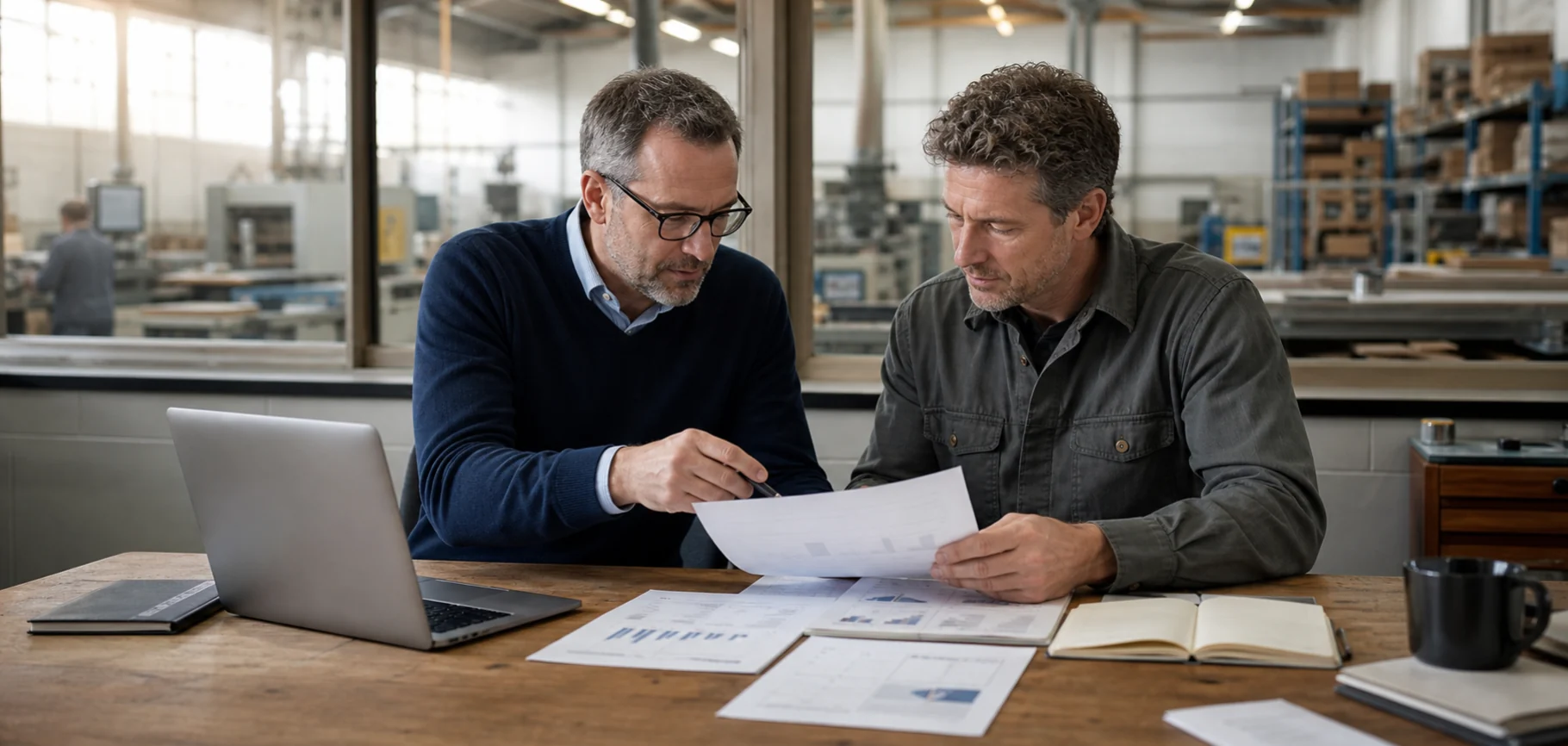 Commercial finance advisor and small-business owner reviewing a financing plan
