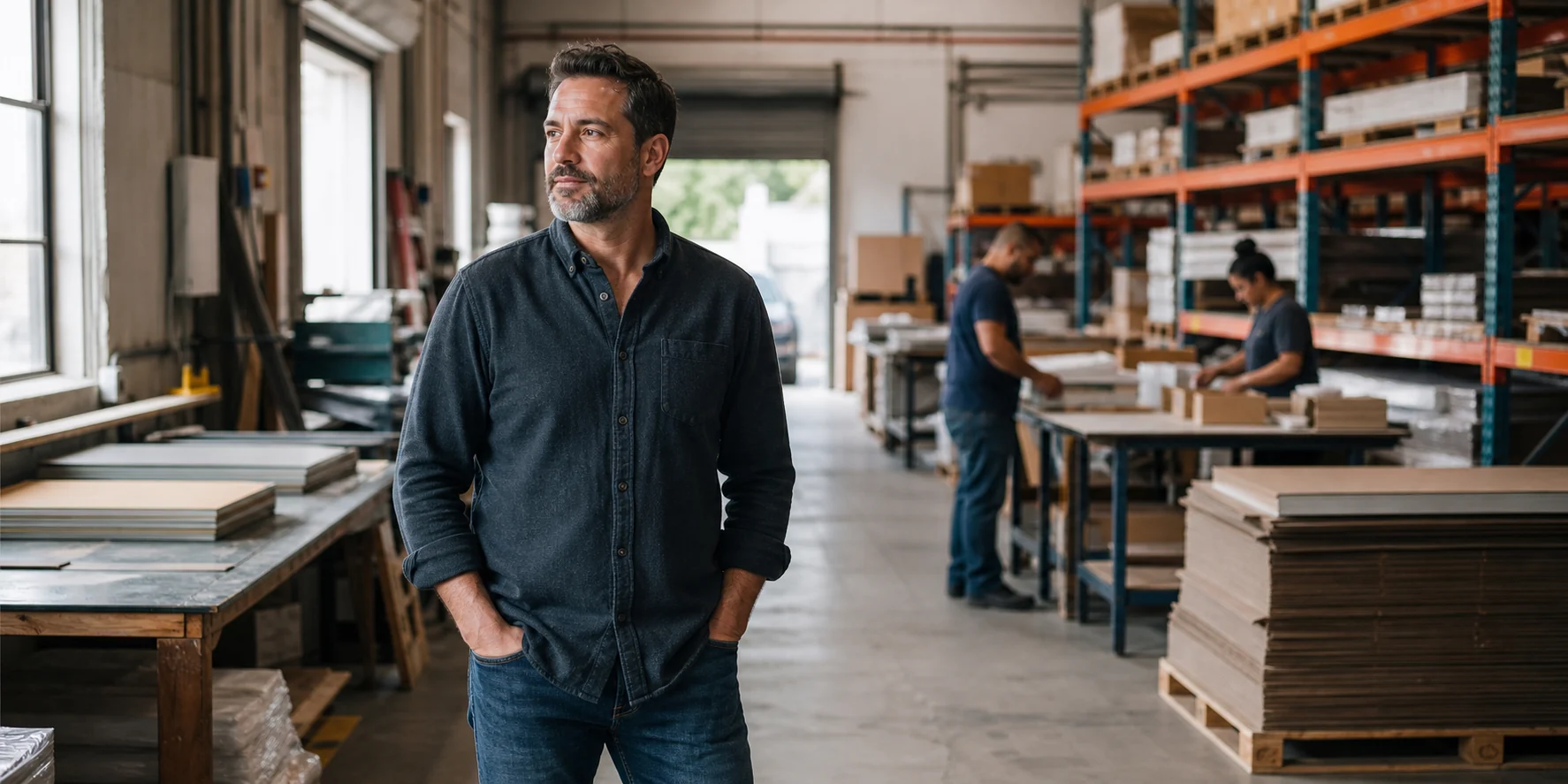Small-business owner inside an active manufacturing and distribution company