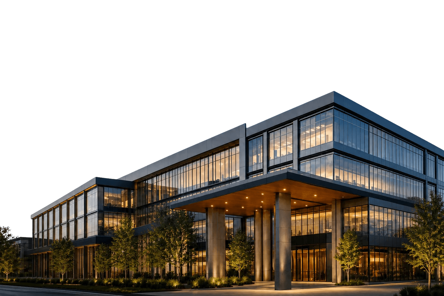 Modern advisory office with a glass facade at dusk
