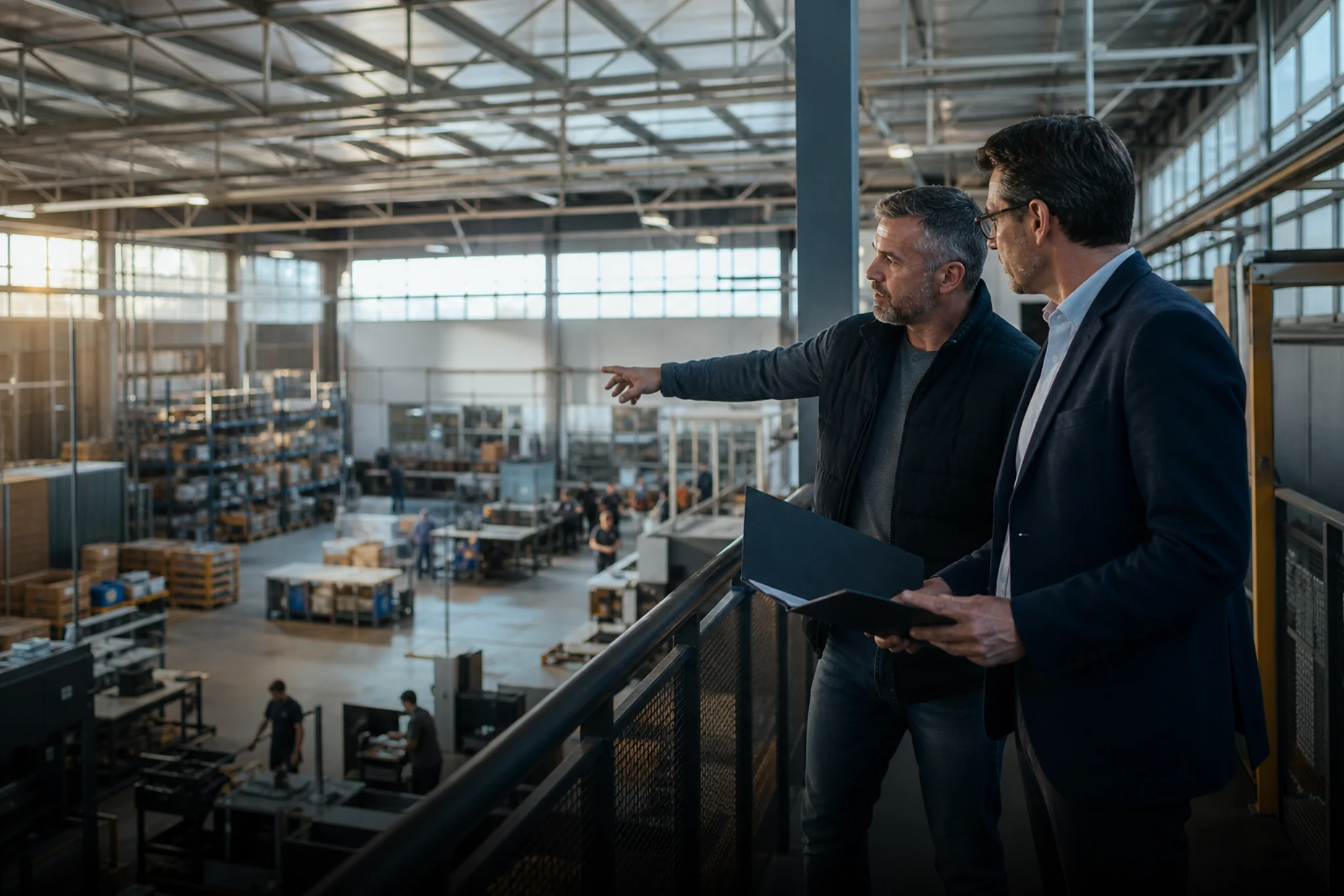 Small-business owner and commercial finance advisor reviewing an expansion inside an operating company